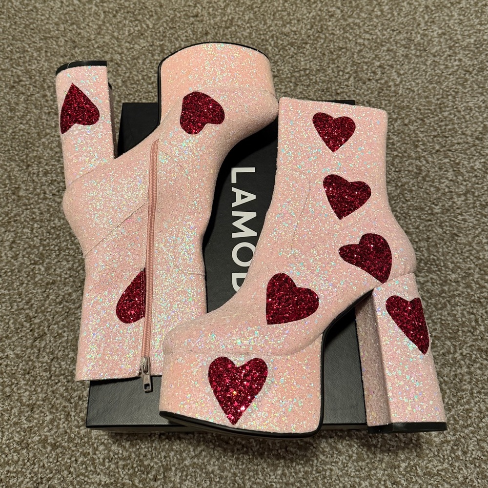 Dolls Kill Pink Glitter Heeled Boots with Red Hearts New never worn